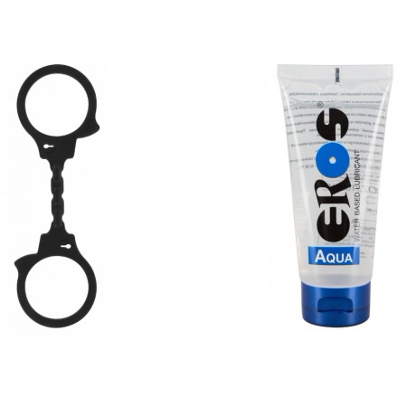 Pachet Lubrifiant Eros Aqua 200ml + Catuse Stretchy Fun Cuffs Negru
