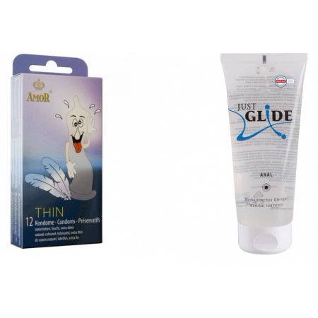 Pachet Lubrifiant Just Glide Anal 200ml + Prezervative Amor Thin 12buc